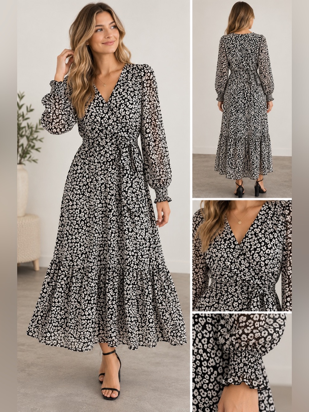PRETTYGARDEN Black White Leopard Print Wrap Midi Dress S